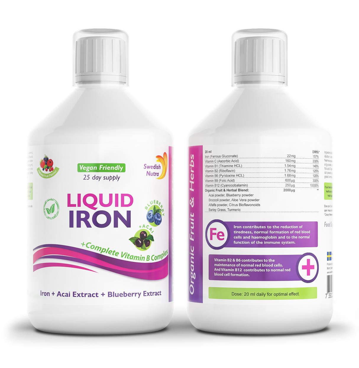 Fer avec complexe B et fruits biologiques et herbe extrait 500 ml/végétalien /