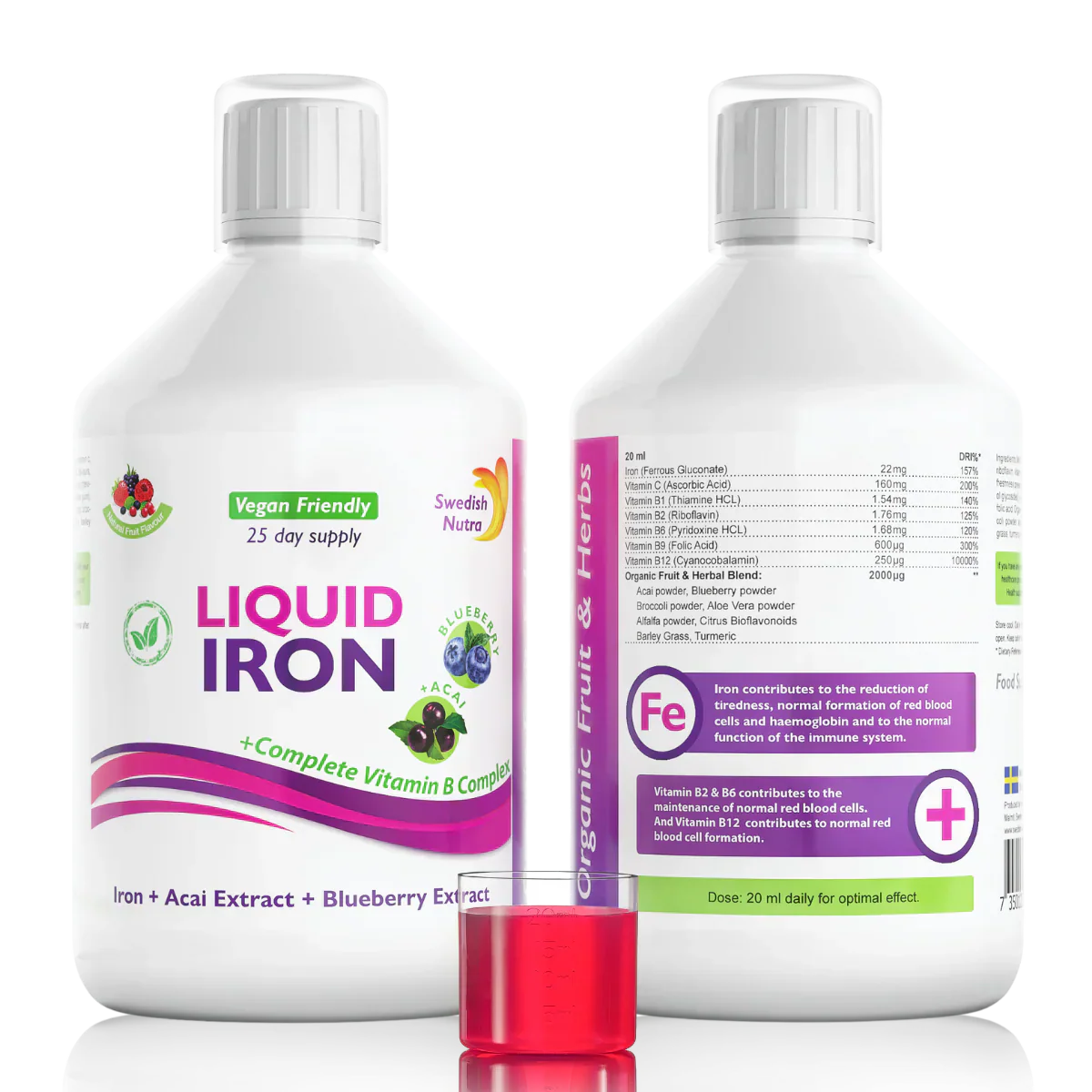 Fer avec complexe B et fruits biologiques et herbe extrait 500 ml/végétalien /