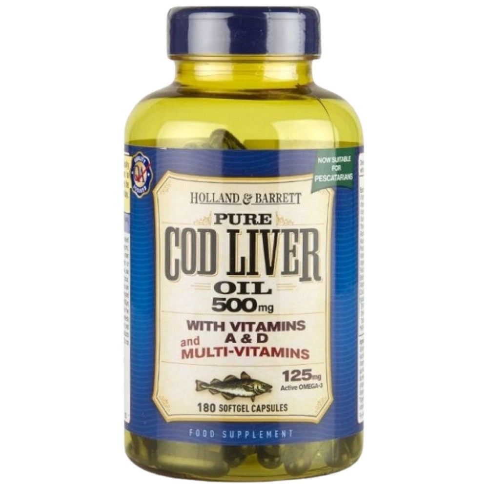 Huile de foie de morue 500 mg | Avec multitamines - 180 capsules de gel