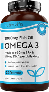 Oméga 3 2000 mg/EPA 660 mg, DHA 440 mg/Huile de poisson pure/240 capsules, 120 doses/ <tc>Nutravita</tc>