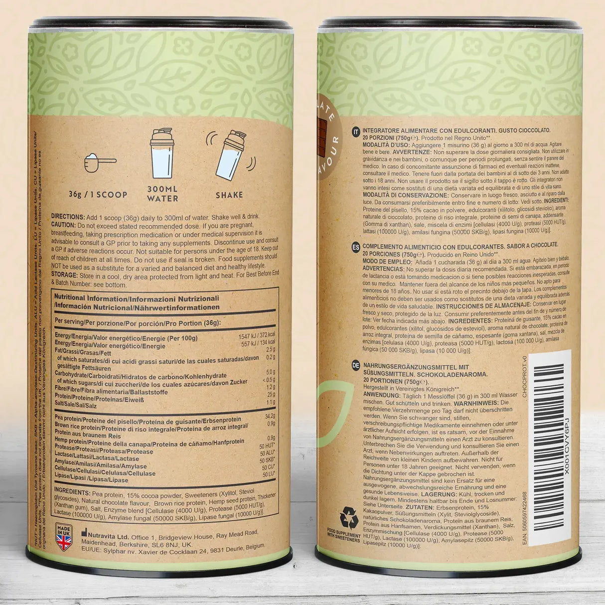 Protéines végétaliennes + enzymes - 750 g (chocolat) <tc>Nutravita</tc>