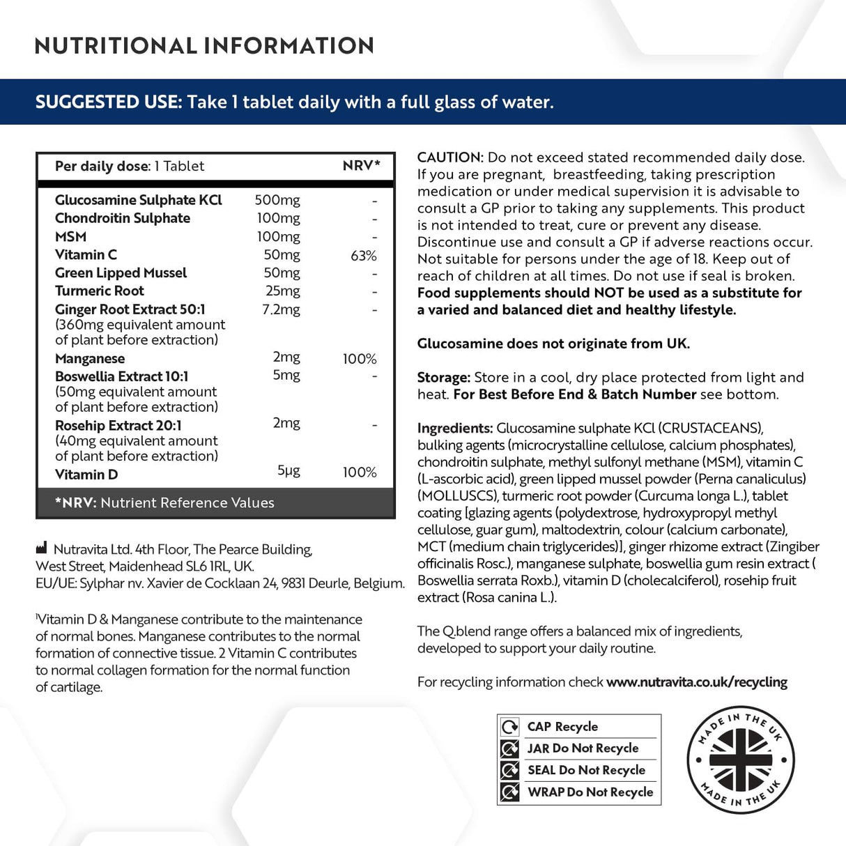 Complexe conjoint avec glucosamine, chondroïtine, MSM et manganèse - 180 comprimés (6 mois d'admission)