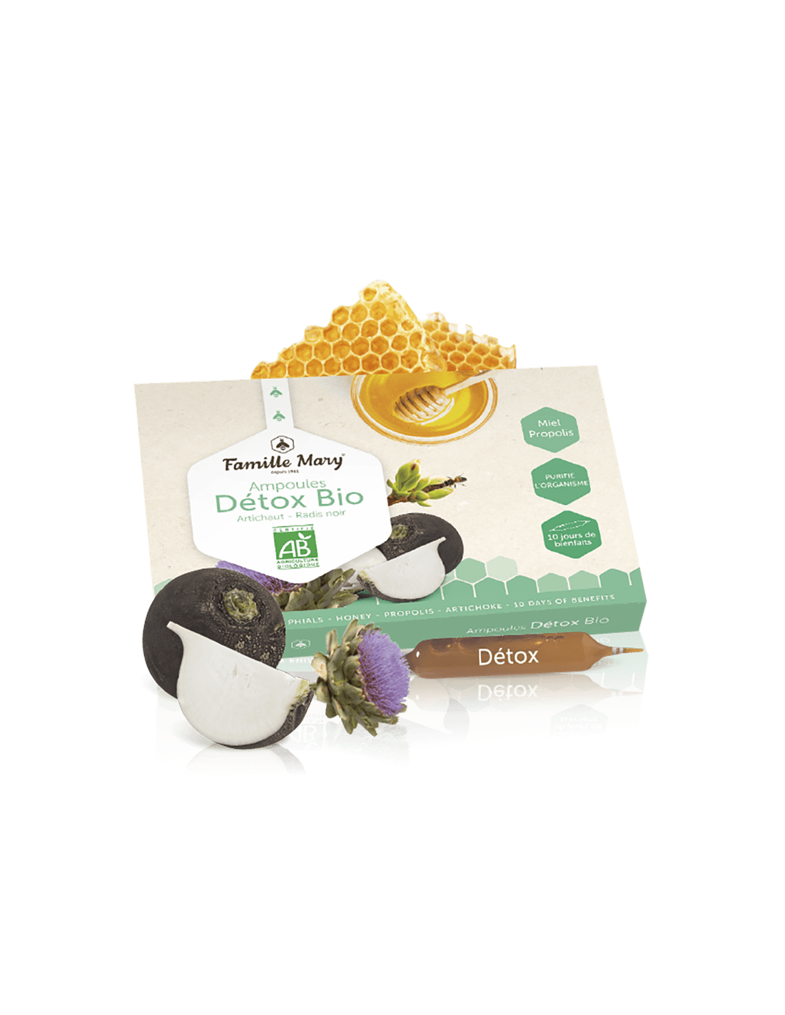 Ampoules detox bio artichaut-radis noir/detox bio avec artichaut, navet noir, miel et propolis/10 ampoules famille mary