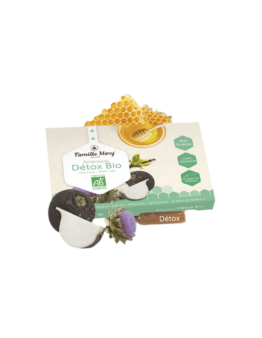 Ampoules detox bio artichaut-radis noir/detox bio avec artichaut, navet noir, miel et propolis/10 ampoules famille mary