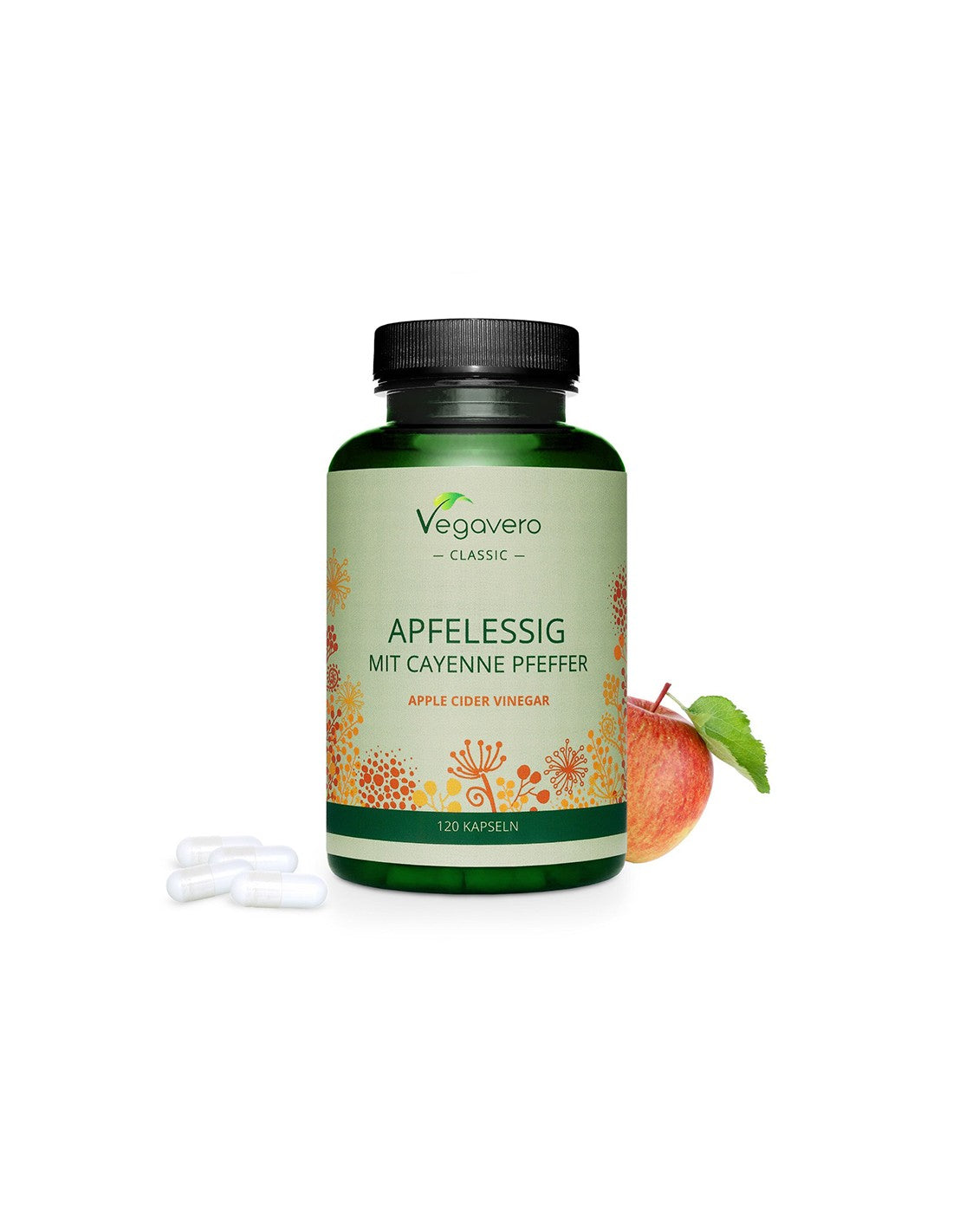 Apfelssig mit Cayenne Pfeffer - Vinaigre de cidre de pomme + piment rouge, 120 <tc>Vegavero</tc> capsules