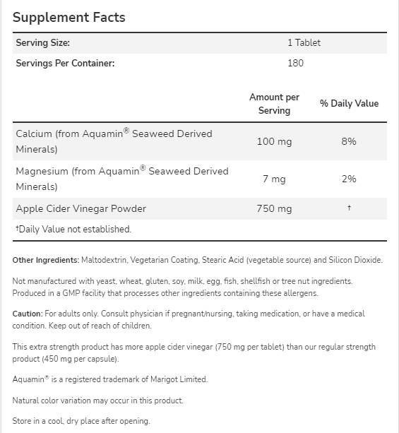Vinegre de cidre de pomme 750 mg | Extra Strength - 180 comprimés
