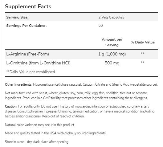 Arginine/ornithine 500/250 mg - 250 capsules