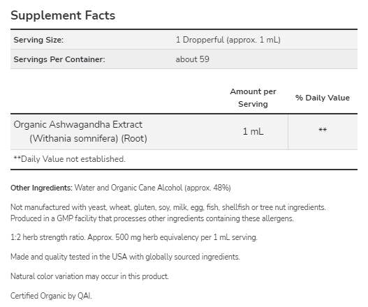 Ashwagandha Extrait Liquide | Certifié biologique - 59 ml