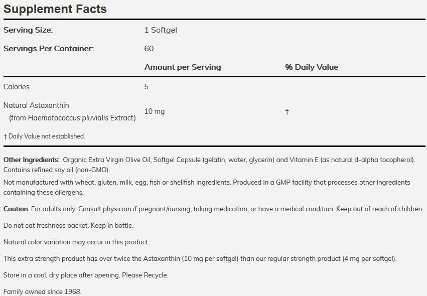 Astaxanthine 10 mg de résistance supplémentaire - 60 softgels