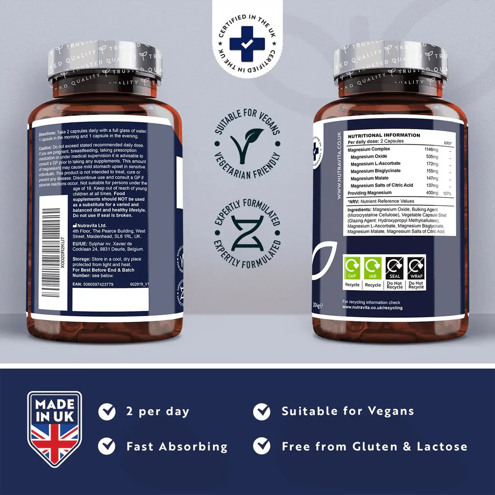 Complexe de Magnésium – 240 gélules à haute concentration – Vegan – <tc>Nutravita</tc>