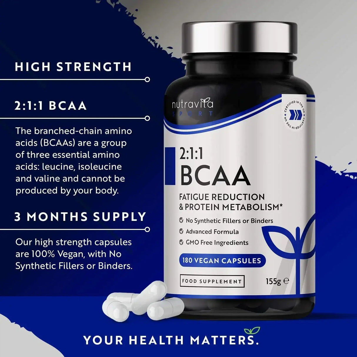 BCAA (2:1:1) avec vitamines B6 et B12 - 180 capsules végétales. <tc>Nutravita</tc>