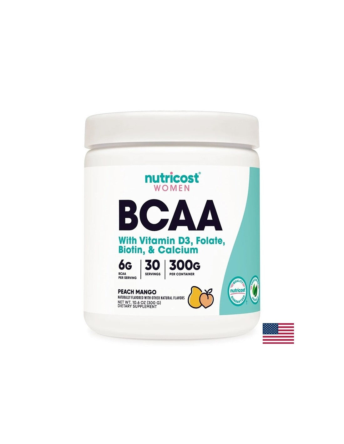 Chaîne ramifiée Acides aminés BCAA + vitamine D3, acide folique, biotine, calcium (pour les femmes), 300 g de poudre avec saveur de mangue