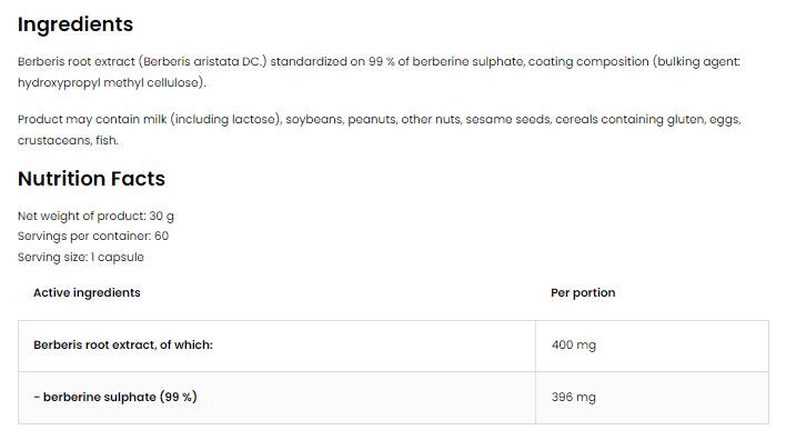 Sulfate de berbérine 396 mg | 99% Berberis Root Extrait 60 capsules