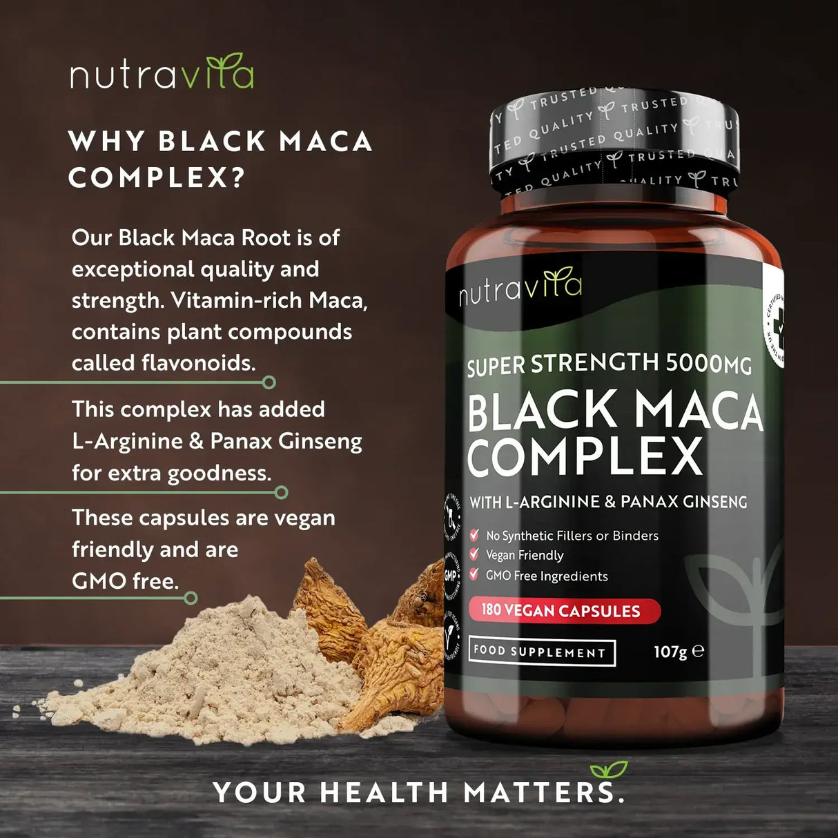 Complexe de racine de maca noire 5000 mg/180 capsules, 180 jours/ <tc>Nutravita</tc>