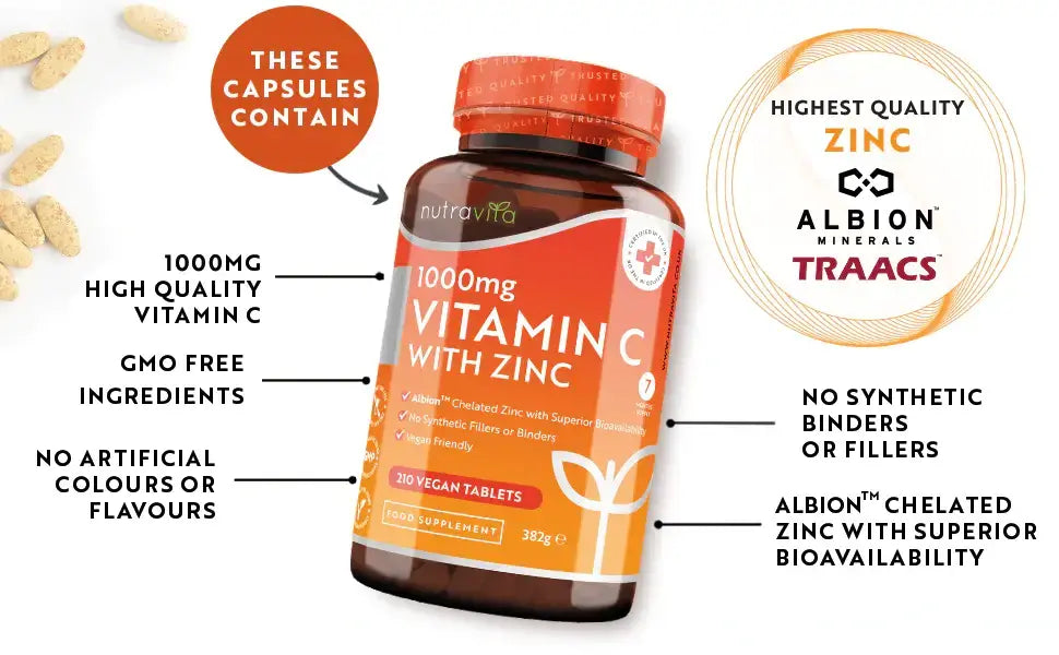 Vitamine C 1000 mg avec zinc (Albion® Zinc) 15 mg 210 comprimés <tc>Nutravita</tc>