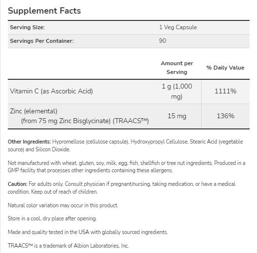C-1000 Zinc Immune | Vitamine C + zinc bisglycinate - 180 capsules