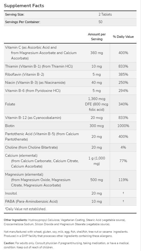Cal-Mag avec complexe B et vitamine C | Formule de stress - 100 comprimés