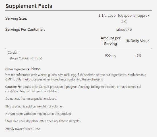 Poudre de citrate de calcium - 227 grammes
