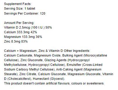 Calcium + magnésium, zinc et vitamine D - 120 comprimés