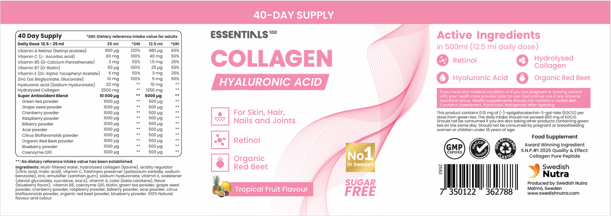 Collagène avec rétinol, hyaluronique, COQ10 - (doses 20/40, 500 ml)