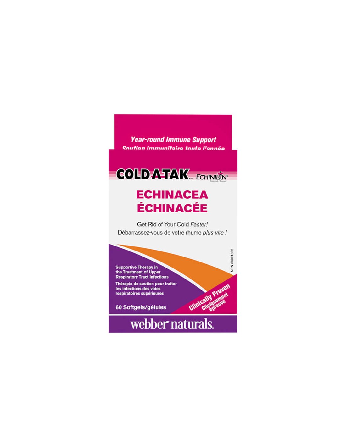 Cold-a-Tak® Ehinacea - Echinacea, 250 mg - pour le rhume et la grippe, 60 capsules de gégel-soft