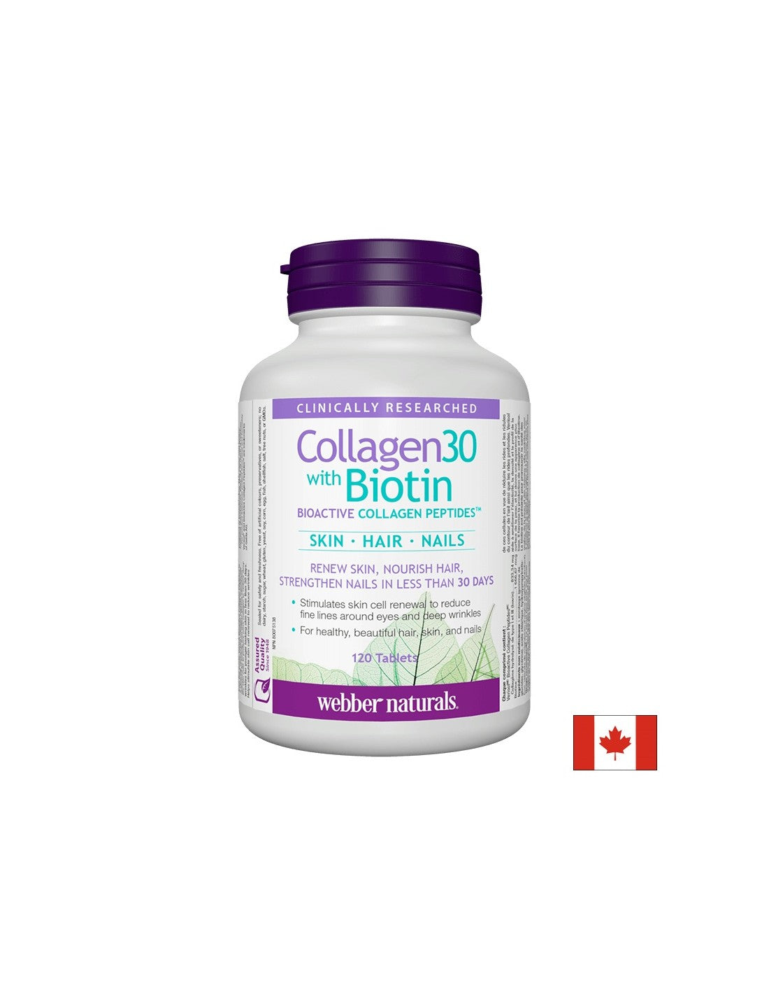 Collagen30® avec biotine/Collagène (peptides de collagène bioactifs) avec biotine, 120 comprimés <tc>Webber Naturals</tc>