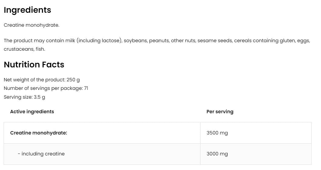 Créatine monohydrate de 250 grammes