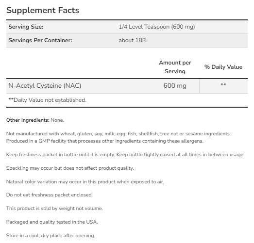NAC Pure Powder | N-acétyl cystéine [113 grammes, 188 portions]