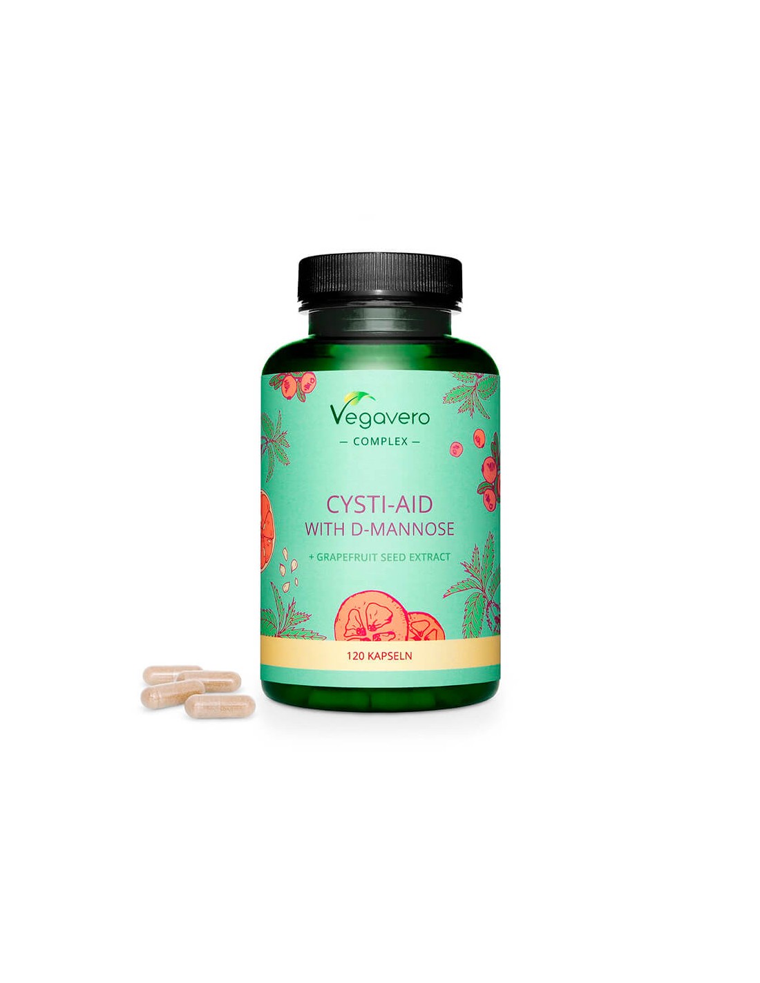 Cysti-Aid avec D-mannose + extrait de pépins de pamplemousse - Formule avec D-mannose et extrait de pépins de pamplemousse, 120 capsules <tc>Vegavero</tc>
