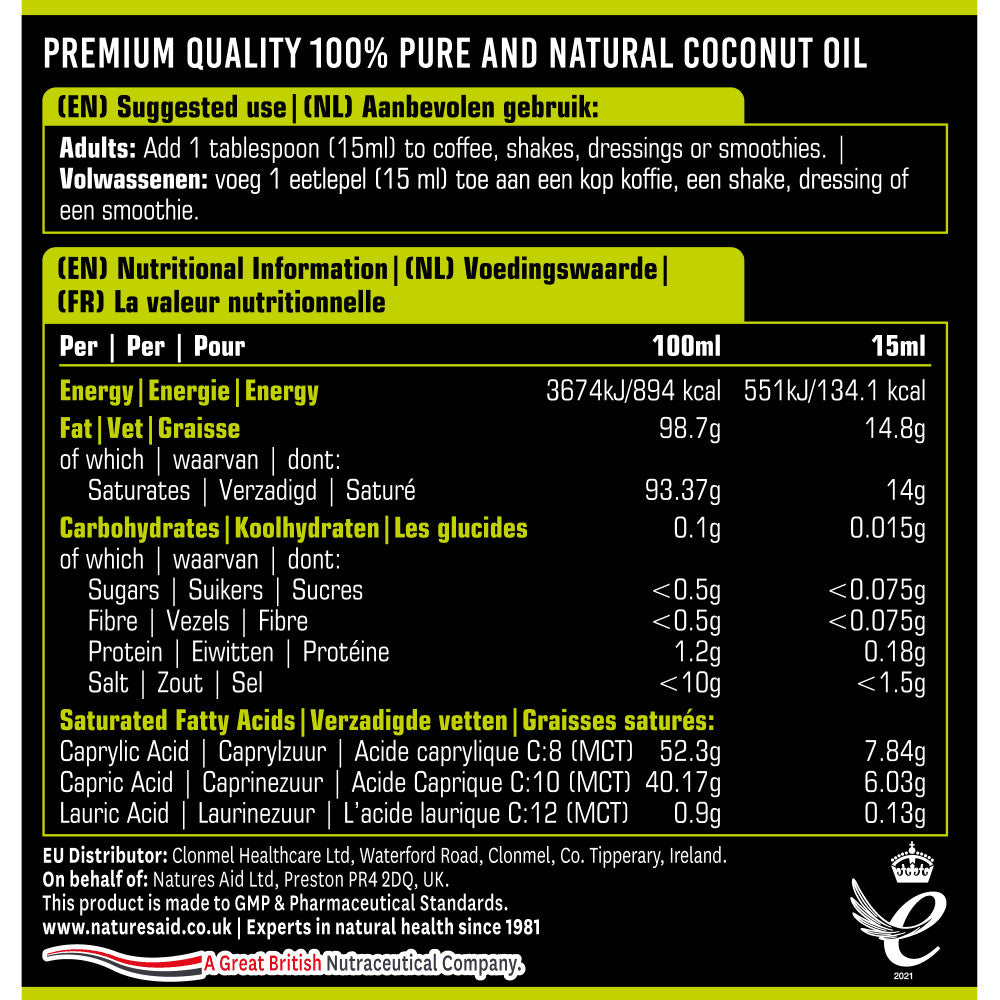 Triglycérides à chaîne moyenne à partir d'huile de coco (100% d'huile MCT) Naturesdaits de 500 ml