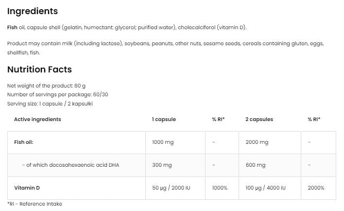 DHA + Vitamine D3 | 300 mg DHA de l'huile de poisson 60 capsules de gel