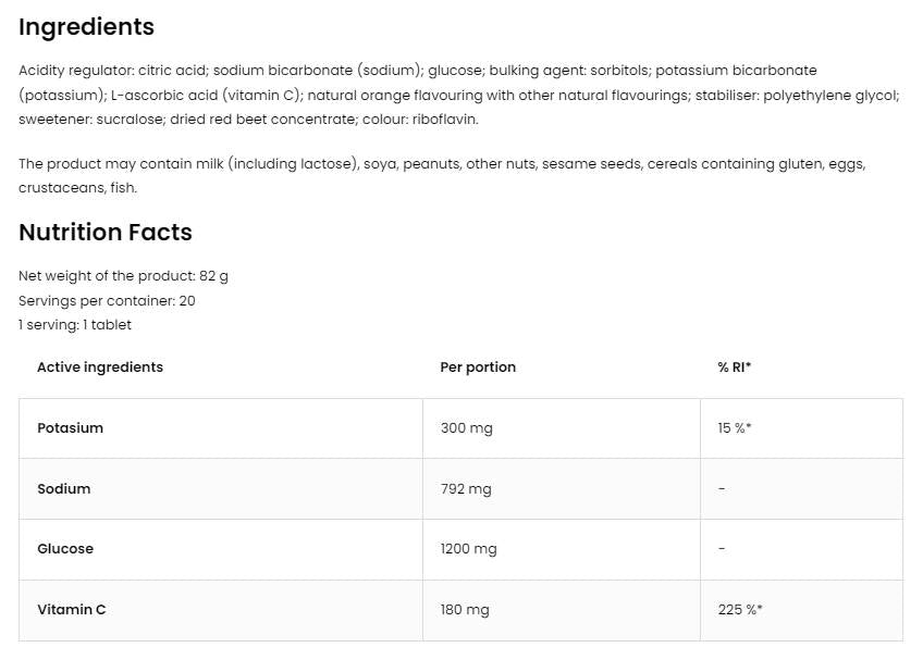Electrolyte effervescent | Potassium, sodium, glucose et comprimés de vitamine C 20