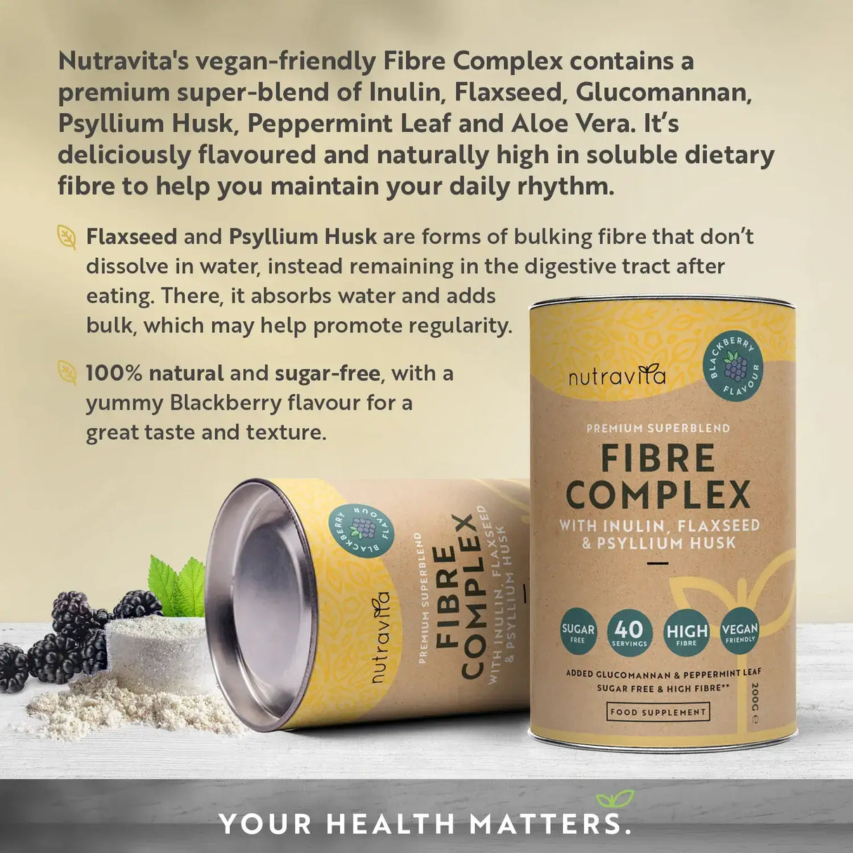 Complexe de fibres en poudre - Saveur mûre/200 g, 40 doses/ <tc>Nutravita</tc>