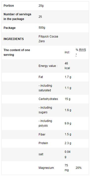 FitQuick Cocoa Zero | avec l'érythritol - 500 grammes