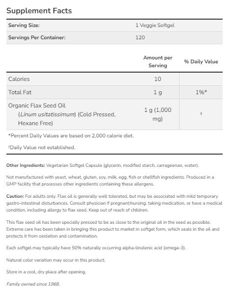 Huile de lin 1000 mg | Formule végétalienne - 120 softgels
