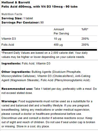 Acide folique 400 MCG | Avec Vit D3 10 mcg - 90 comprimés