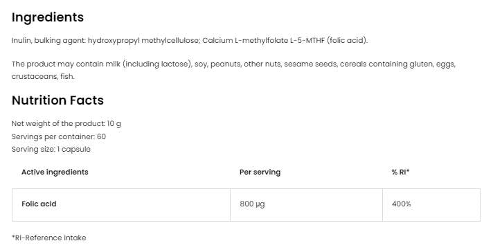Acide folique 800 mg | Capsules de folate méthylique 5-MTHF 60