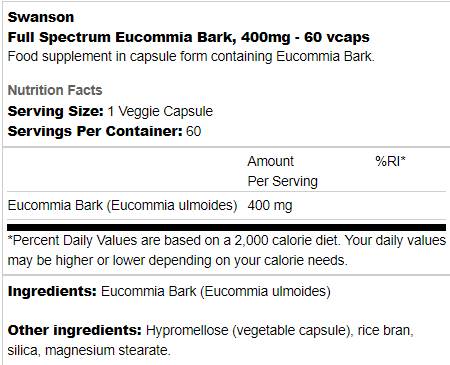 Spectrum complet EUCOMIA BARK 400 mg 60 Capsules