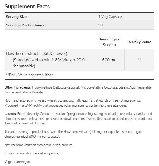 Extrait de l'aubépine 600 mg | Extra Strength - 90 capsules