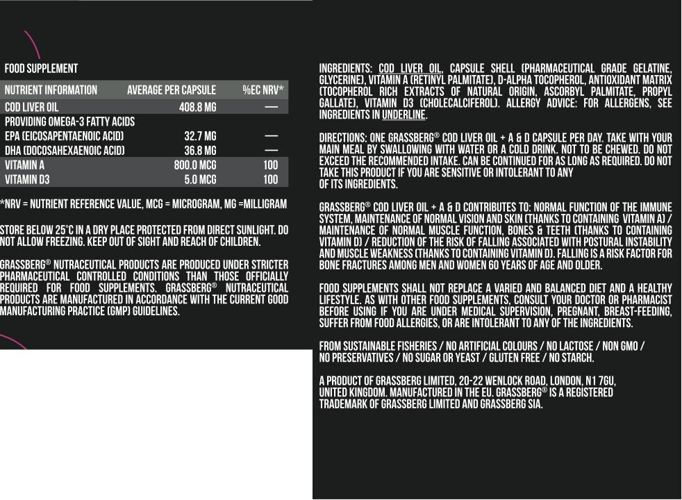 Huile de foie de morue Grassberg + A + D 60 SoftGels