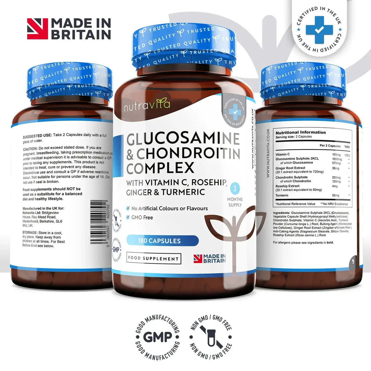 Glucosamine Chondroïtine /180 capsules, 90 jours/ avec curcuma, gingembre et vitamine C <tc>Nutravita</tc>