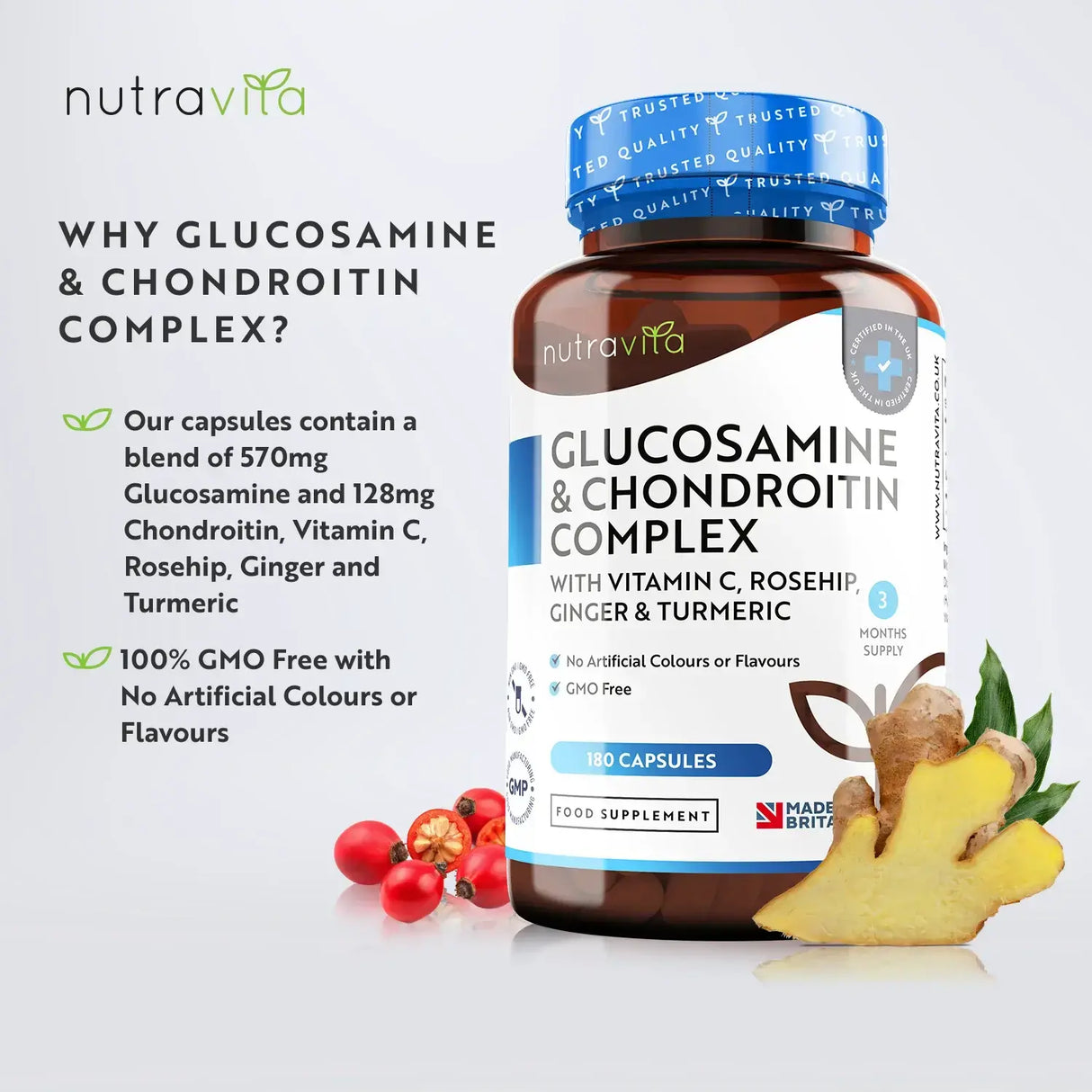 Glucosamine Chondroïtine /180 capsules, 90 jours/ avec curcuma, gingembre et vitamine C <tc>Nutravita</tc>