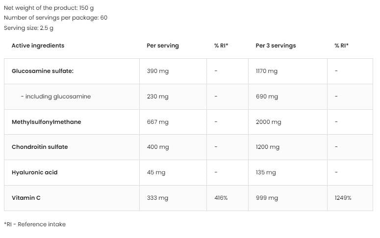 Glucosamine + msm + poudre de chondroïtine 150 grammes