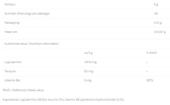 Glutamine pure - 240 grammes