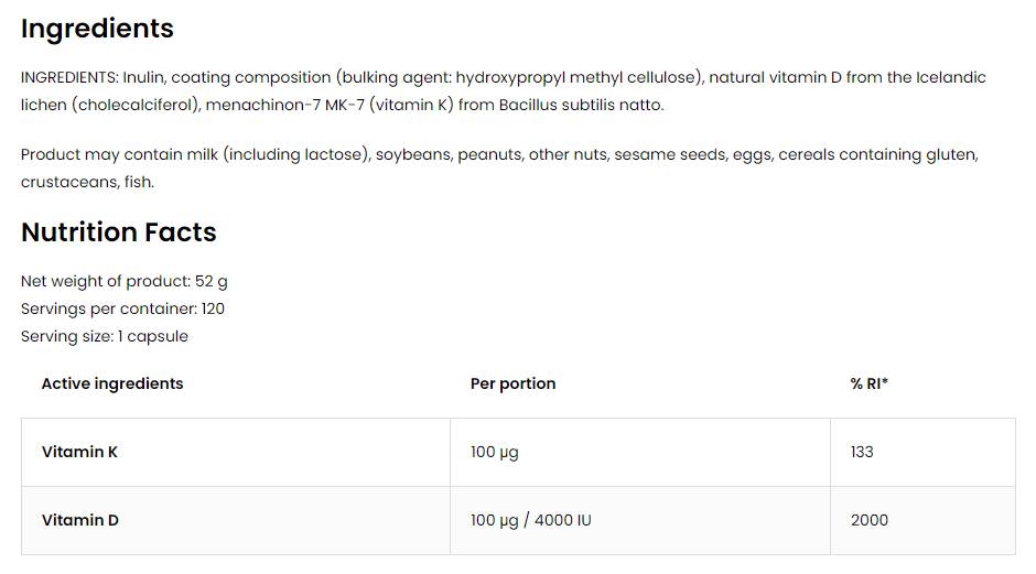 Vitamine D3 4000 + K2 | Capsules Vege Caps 120