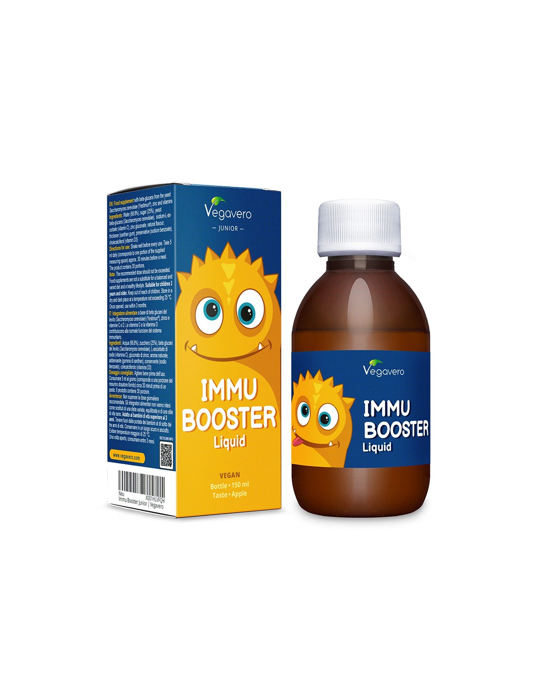 Immu booster liquide - Sirop de booster immunitaire pour les enfants avec des gluans bêta, du zinc + vitamine C et D3, 150 ml, saveur de pomme