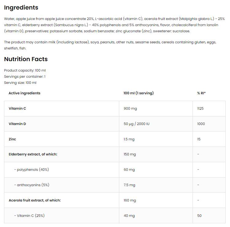 Fiche d'immunité | Vitamine C et D avec les sureau et acérique 100 ml