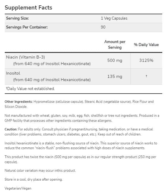 Niacine sans rinçage 500 mg | Double résistance - 180 capsules