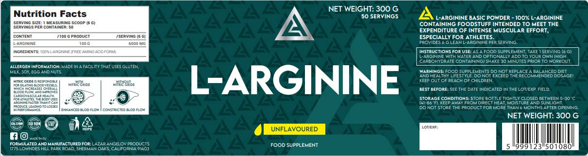 Poudre de L-arginine - 300 grammes