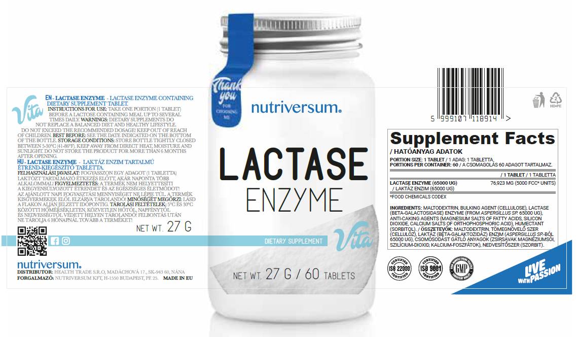 Enzyme lactase - 60 comprimés